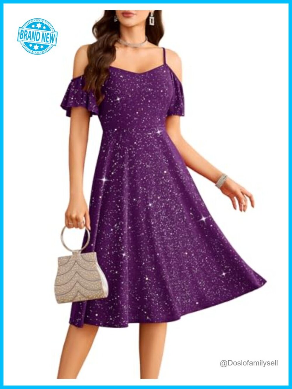 Sequin Cocktail Dress Off Shoulder V-Neck A-Line Midi Prom Wedding Guest